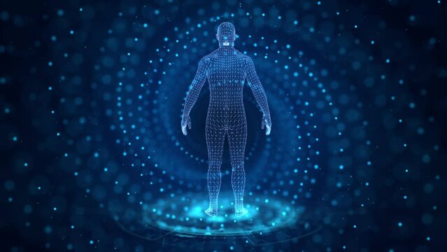 3D high-tech holographic human rotating with mystical psychic energy