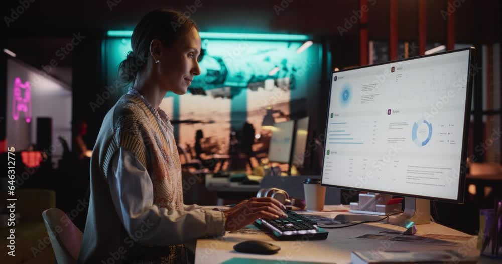Poster Portrait of a Beautiful Happy Female Using Desktop Computer, Analysing Data, Thinking and Solving Problems. Project Manager Working in Creative Agency, Reviewing Marketing Strategy