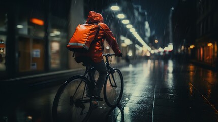 A courier rides a bicycle through a rainy evening or night city, grocery delivery, online order fulfillment, a banner with a copy space.