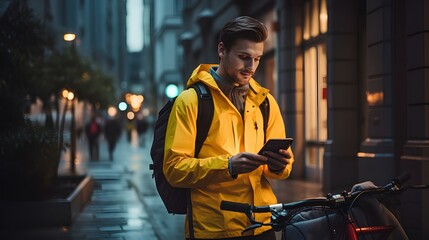 A courier with a bicycle is standing at the house, looking at the phone, checking geolocation, notification that the cargo has been delivered to the point, grocery delivery, online order fulfillment.