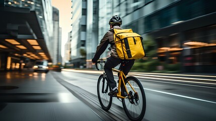 A courier rides a bicycle around the city, grocery delivery, online order fulfillment.