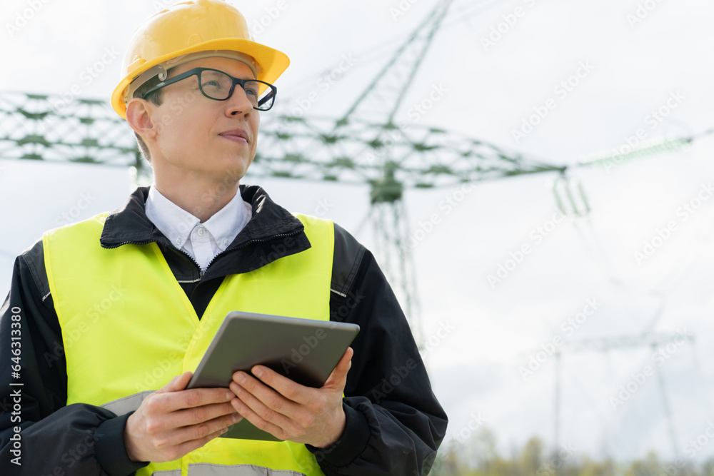 Poster Engineer with digital tablet on a background of power line tower.