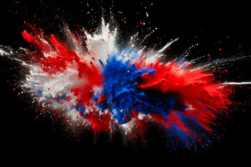 Colored powder explosion isolated on black background. Red, White and Blue, colors of the US Flag. 