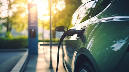 EV charging station for electric car in concept of green energy produced from sustainable source to supply to charger station in order to reduce CO2 emission