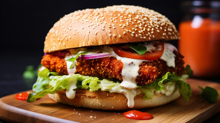 Crispy chicken burger with sauce and vegetables