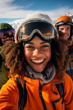 Lifestyle Group Selfie Photo Of A 22 Year Old Girl With Brown Shoulder Length Hair, From Northern Europe, Wearing Ski Goggles, Ski Wear And Helmet, Skiing With Good Friends In The Alps. Made With AI