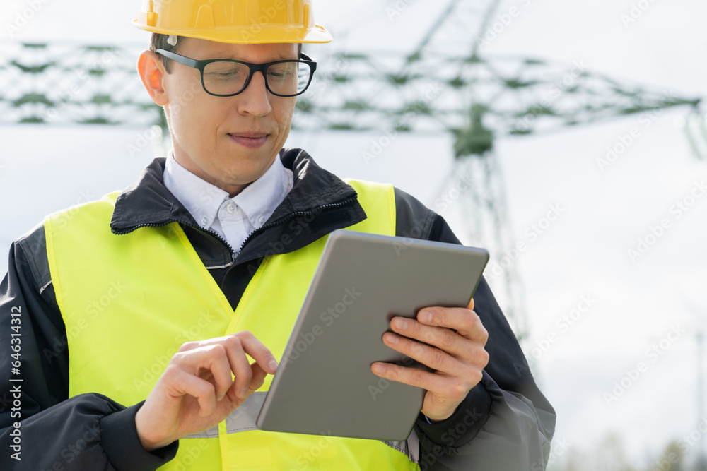 Poster Engineer with digital tablet on a background of power line tower.