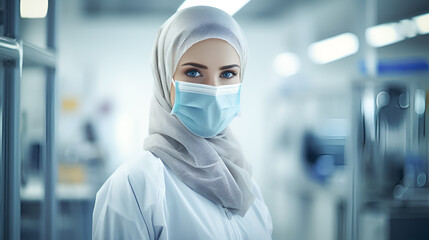 Portrait of a young Muslim woman doctor in a hijab and a medical mask, looking at the camera, standing against the backdrop of a light operating room with copy space