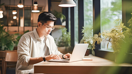 Asian young man in glasses working on laptop, freelancer boy or student with computer in cafe at table, looking at camera. Businessman working remotely using laptop beech while sitting in cafe