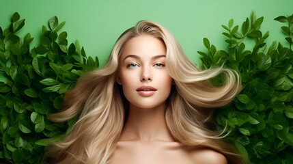 Fototapeta premium Beautiful blonde girl with long healthy hair fluttering in the wind looking at the camera against a background of green fresh leaves, with copy space. concept of natural cosmetics for hair and body.