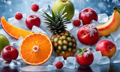Naklejka na ściany i meble A variety of fruits in a frozen landscape of ice and snowflakes. AI generative.