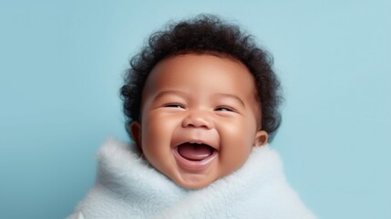 An adorable afro baby, dressed in soft hues, beaming with joy on a studio backdrop. Generative AI