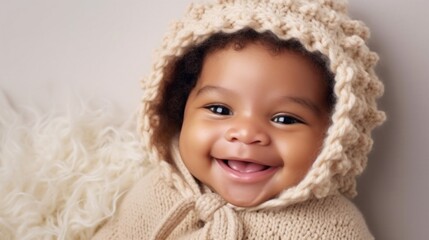 A sweet, smiling Afro baby, wearing neutral colors, set against a studio backdrop. Generative AI