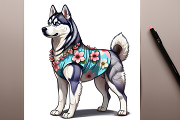 Draw a Siberian Husky standing wearing a floral dress.
Generative AI