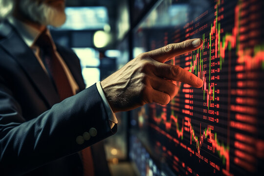 businessman hand pointing to stock market