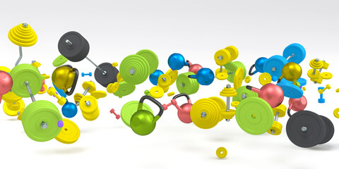 Flying and folling sport equipment like kettlebell barbell and dumbbell on white