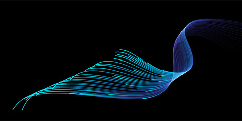 Vector abstract light lines wavy flowing dynamic in blue green colors isolated on black background for concept of AI technology, digital, communication, 5G, science, music - 646315506