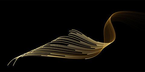 Vector wave lines smooth flowing dynamic gold gradient light isolated on black background for concept of luxury, technology, digital, communication, science, music