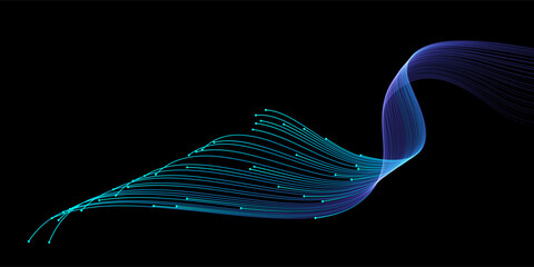 Vector abstract light lines wavy flowing dynamic in blue green colors isolated on black background for concept of AI technology, digital, communication, 5G, science, music - 646315550