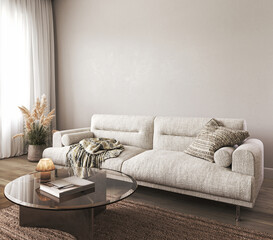 Boho beige livingroom with dry grass plant background. Light modern japanese nature interior. 3d rendering. High quality 3d illustration