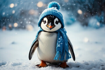 Fototapeta premium Baby penguin wearing a bobble hat and scarf in the snow