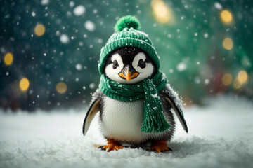 Baby penguin wearing a bobble hat and scarf in the snow