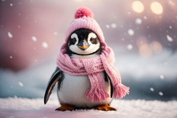 Baby penguin wearing a bobble hat and scarf in the snow