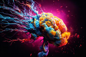 Artistic representation of a human brain, infused with chaotic colors, illustrating the cognitive and neural disturbances caused by drug use