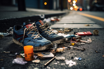 A pair of abandoned shoes amidst drug-related items on a lonely street corner, telling a silent tale of lives consumed by substance abuse