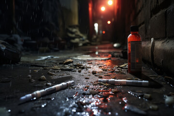 A lone syringe discarded on the ground of a dimly lit alleyway, painting a haunting picture of the relentless grip of drug addiction - obrazy, fototapety, plakaty