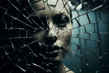 The fractured reflection of a somber face in a broken mirror conveys the fragmentation of identity and life that drug abuse can lead to