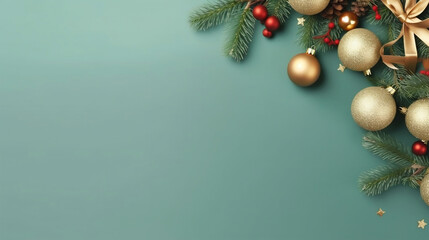 Gold and red Christmas ornaments, garland on pastel green background, top view, Christmas background.