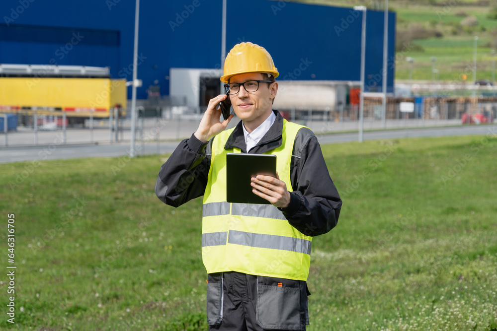 Aufkleber Logistician with phone and digital tablet on a background of logistic center.