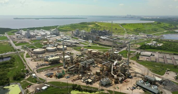 Aerial view of factory for handling and processing of phosphates. Mosaic Riverview Plant in Tampa, Florida. Industrial facility for chemical production of phosphoric acid