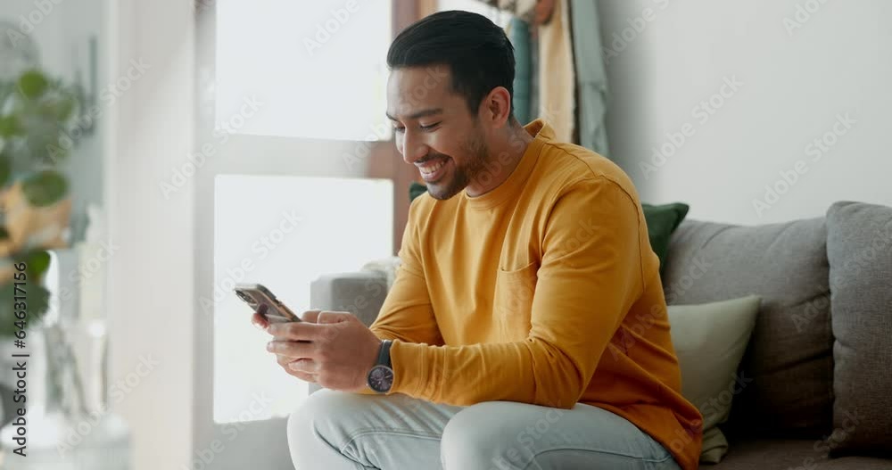 Aufkleber man hands, phone texting and home with social media post, networking and online on a sofa. mobile ap