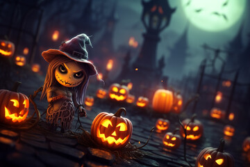 Fototapeta na wymiar Cut little witch surrounded of Halloween pumpkins.
