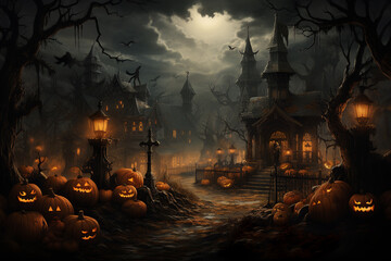 Fototapeta na wymiar Halloween pumpkin head jack lantern with burning candles, spooky castle and full moon.