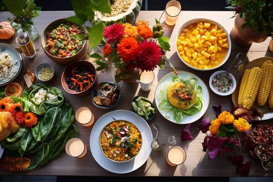 a festive table set outdoors amidst the golden hues of autumn leaves.
