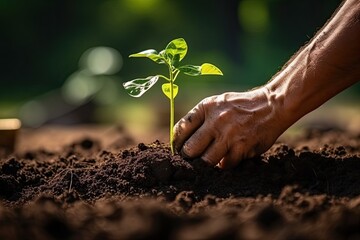 Close up  male hands of farmer planting seedling in fertile soil with sunlight. Earth day concept
