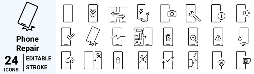 set of 24 line web icons Phone repair. Smartphone breakdown and recovery. Repair Center. Collection of Outline Icons. Vector illustration.
