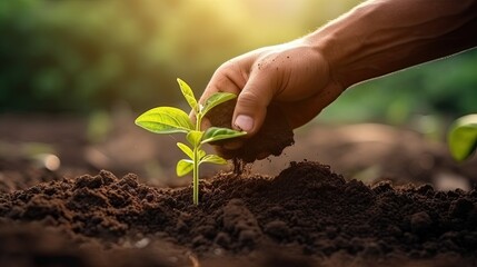 Close up  male hands of farmer planting seedling in fertile soil with sunlight. Earth day concept