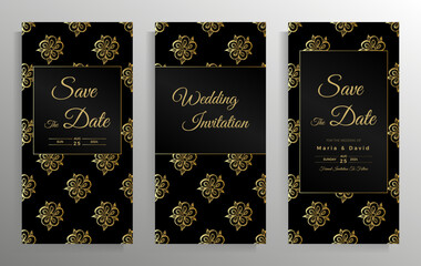 Wedding invitation design. Set of elegant card templates with graphic floral patterns. Vector illustration.