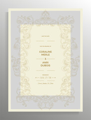 Wedding invitation design. Elegant vector template for poster, card, certificate, brochure in retro style.