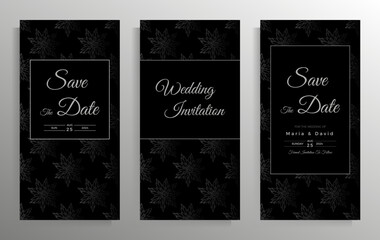 Wedding invitation design. Set of elegant card templates with graphic floral patterns. Vector illustration.