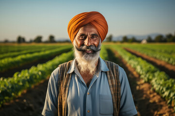 Senior indian farmer giving happy expression at agriculture field