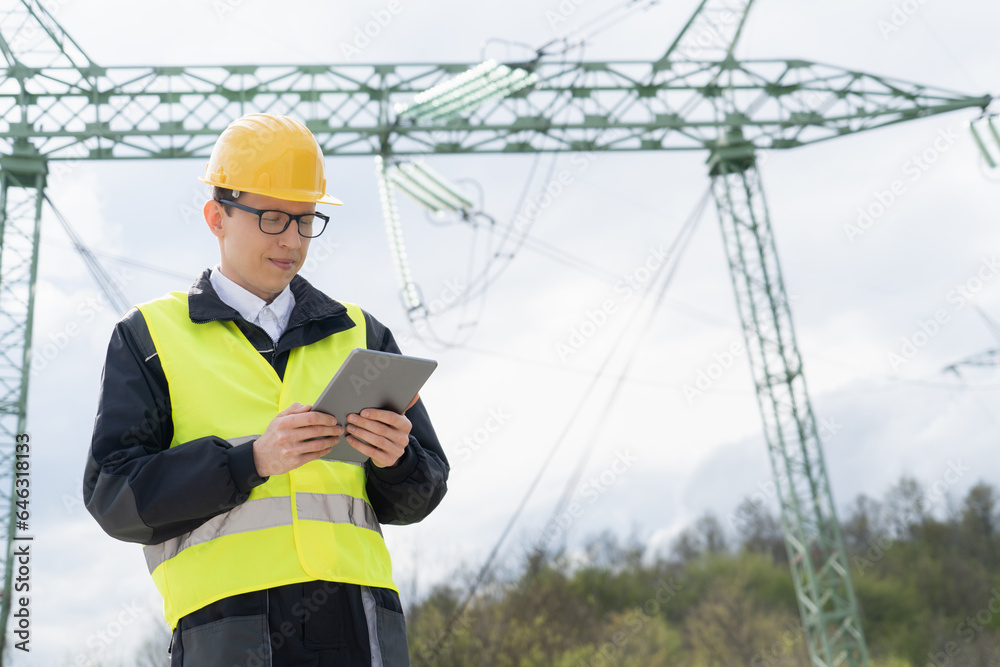 Aufkleber Engineer with digital tablet on a background of power line tower.