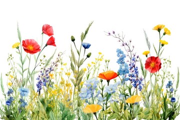 A colorful summer meadow of wildflowers in a vintage watercolor botanical illustration, perfect for floral designs.