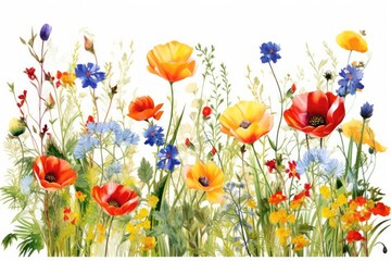 A picturesque watercolor portrayal of a summer meadow filled with vibrant red poppies and wildflowers, capturing nature's beauty.