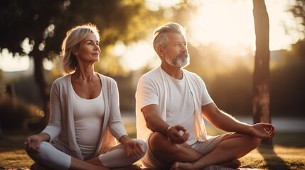 Senior couple practicing yoga outdoors in the park, promoting a healthy lifestyle..