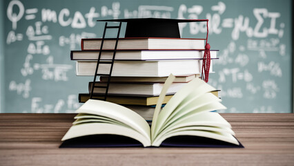 Graduation hat on stack books. Education, learning on school and university or idea concept. 3d illustration